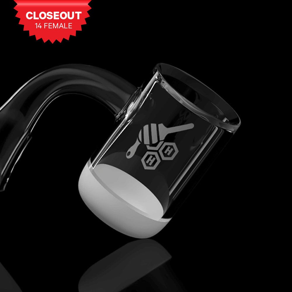 A close-up, angled view of the HONEY & MILK BEVEL BOWL QUARTZ BANGER – 90° DEGREE, showcasing its clear, reflective quartz material.
