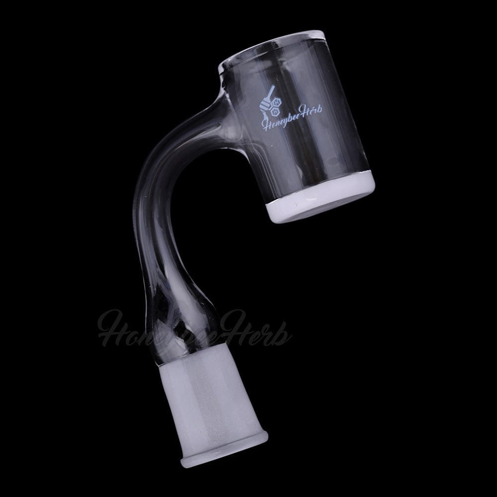 Angled close-up of the Honey & Milk Bevel Quartz Banger- 90Â° Degree | Bl showing its curved 90° neck and white-rimmed bucket against black