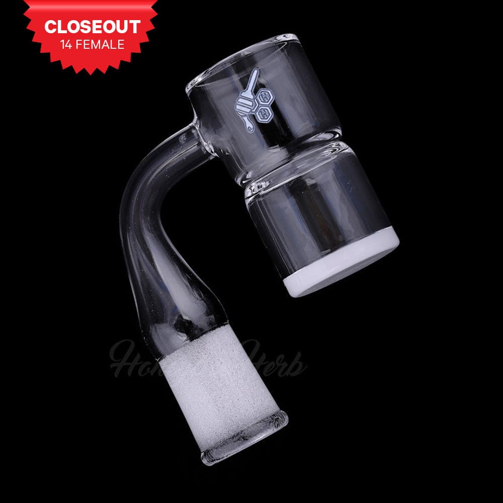 Angled close-up of the HONEY & MILK BEVEL SPLASH BUCKET QUARTZ BANGER - 90° DEGREE | YL showing its curved stem, frosted 14mm joint and white-bottomed quartz bucket against a black background