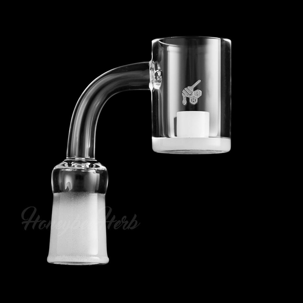 A close-up, angled view of the HONEY & MILK CORE REACTOR QUARTZ BANGER - 90° DEGREE, showcasing its clear quartz construction.