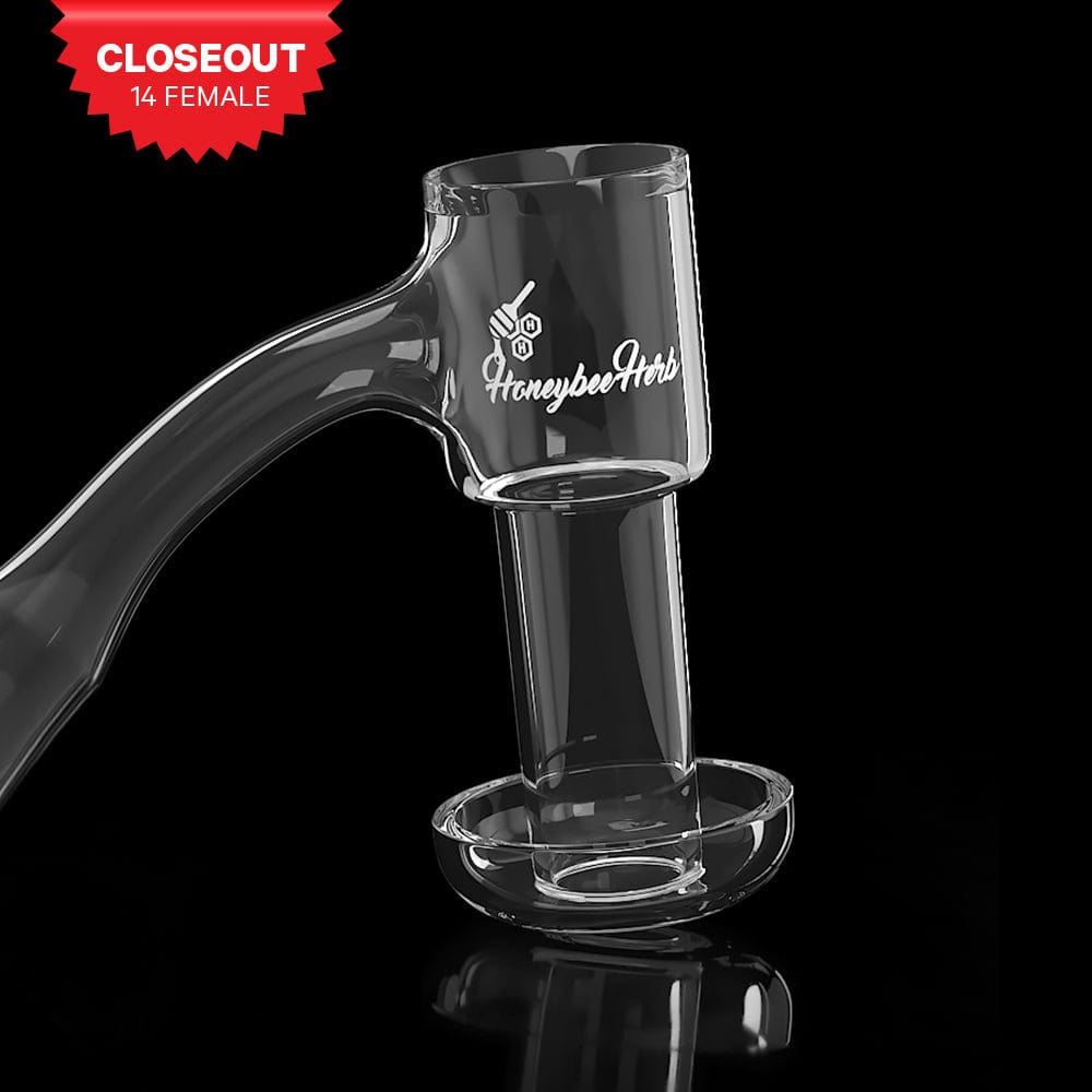 Close-up front view of the Honeysuckle Bevel Quartz Banger - 45Â° Degree | Bl showing clear beveled quartz glass and a curved neck against a black background.