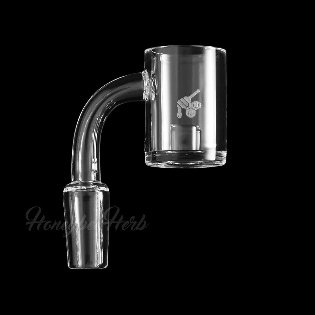 A close-up, angled view of the YL CORE REACTOR QUARTZ BANGER, showing its 90-degree bend and clear quartz construction.
