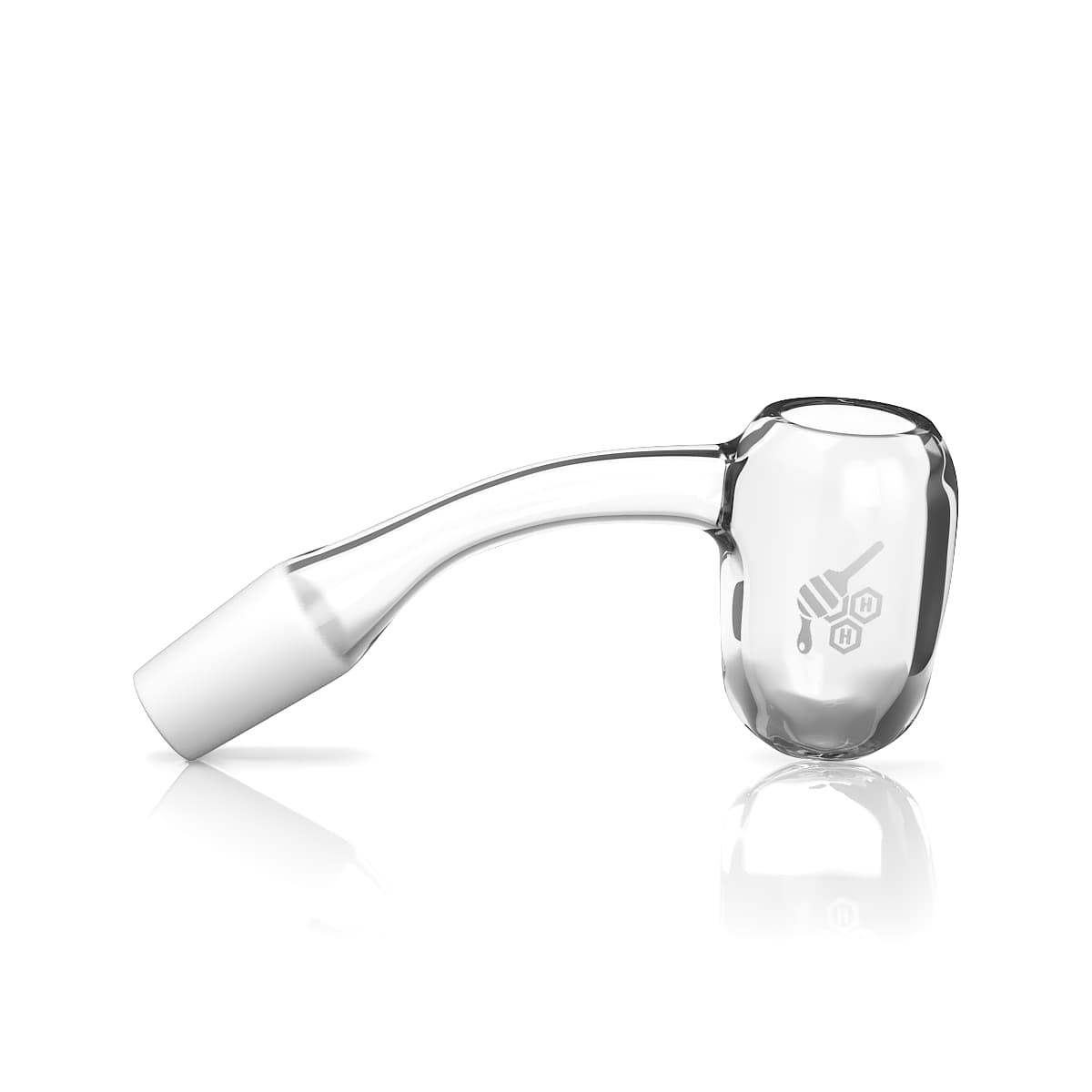 A 45-degree angled view of the HONEY BARREL QUARTZ BANGER - 45° DEGREE  YL, showcasing its clear quartz construction and reflective surface.