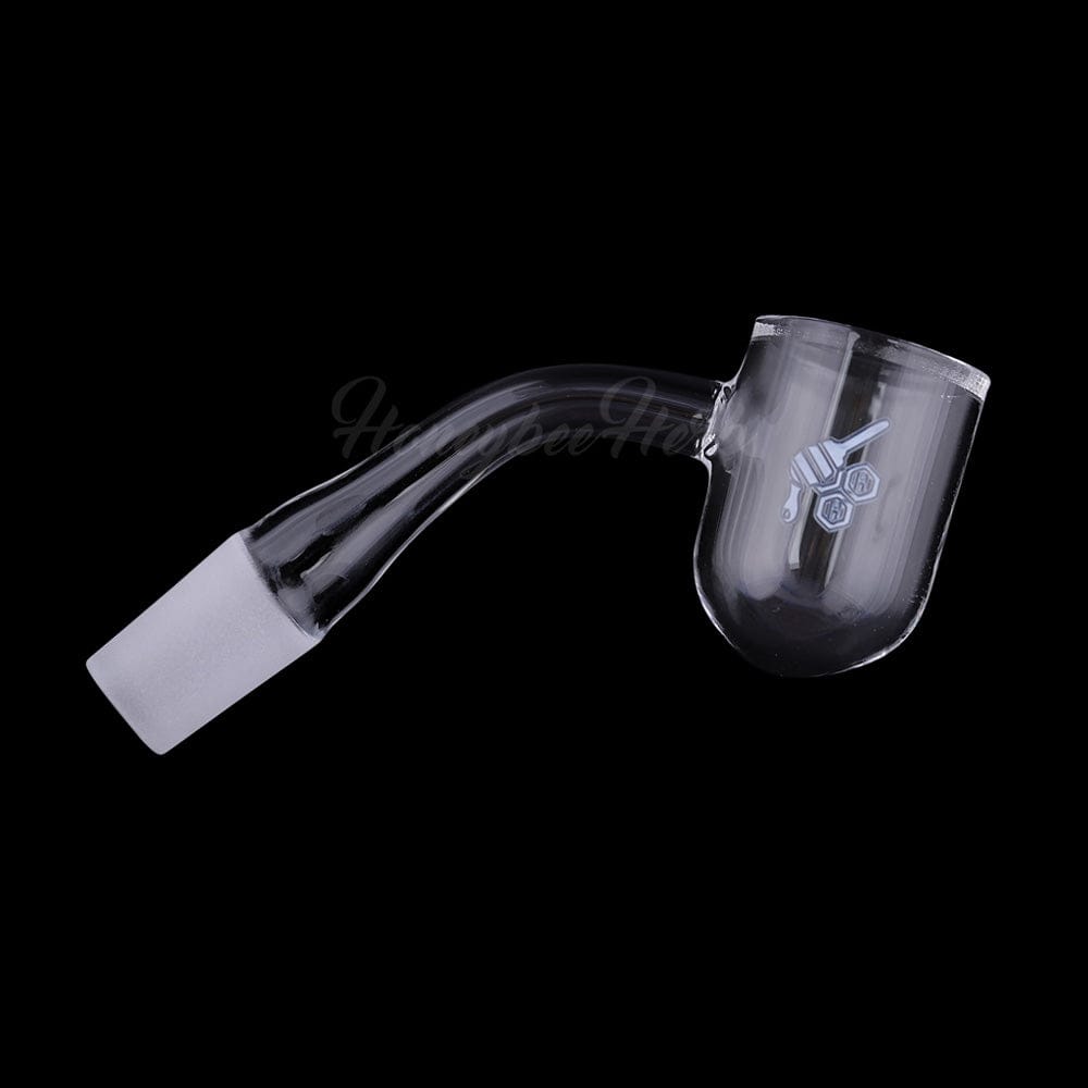 Angled studio shot of the Honey Bevel Bowl Quartz Banger - 45Â° Degree | Yl showing a clear glass bent neck and rounded banger cup against a black background