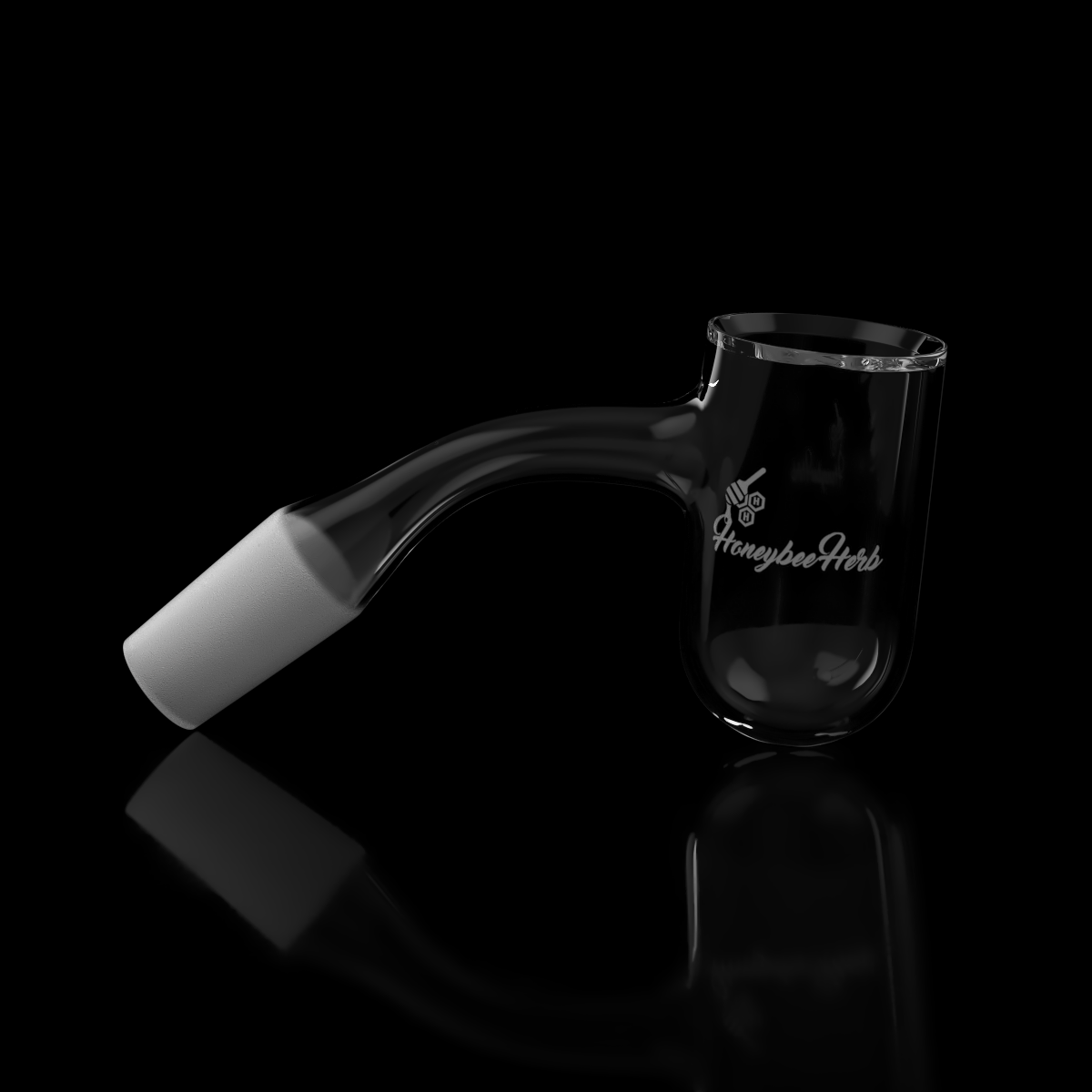 Angled close-up of the Honey Bevel Deep Bowl Quartz Banger - 45Â° Degree | Bl showing its curved neck, frosted joint tip, and glossy glass bowl on a black reflective surface