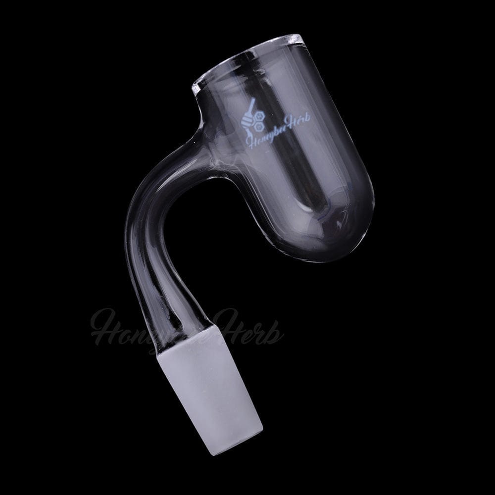 Angled close-up of the Honey Bevel Deep Bowl Quartz Banger - 90Â° Degree | Bl showing its curved neck and rounded clear quartz bowl against a black background