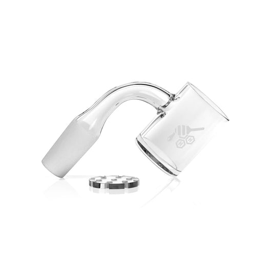A close-up, angled view of the HONEY DISC QUARTZ BANGER - 90° DEGREE  YL, resting on a textured surface, showcasing its clear quartz construction.
