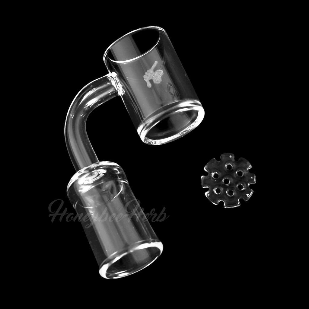 A close-up, angled view of the HONEY DISC QUARTZ BANGER - 90° DEGREE, showing its clear quartz construction and angled design.