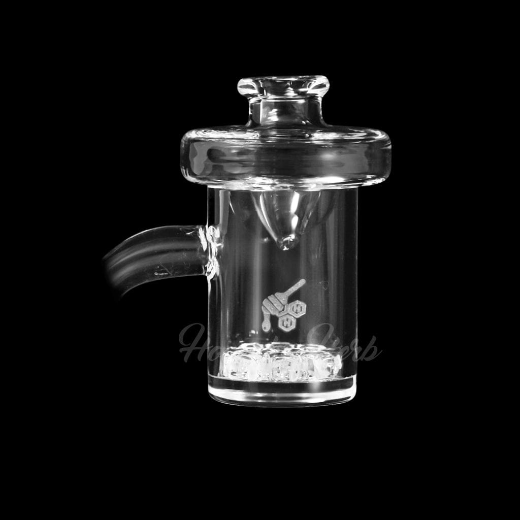A close-up, angled view of the HONEY DISC QUARTZ BANGER - 90° DEGREE  YL, showing its reflective, clear quartz construction.