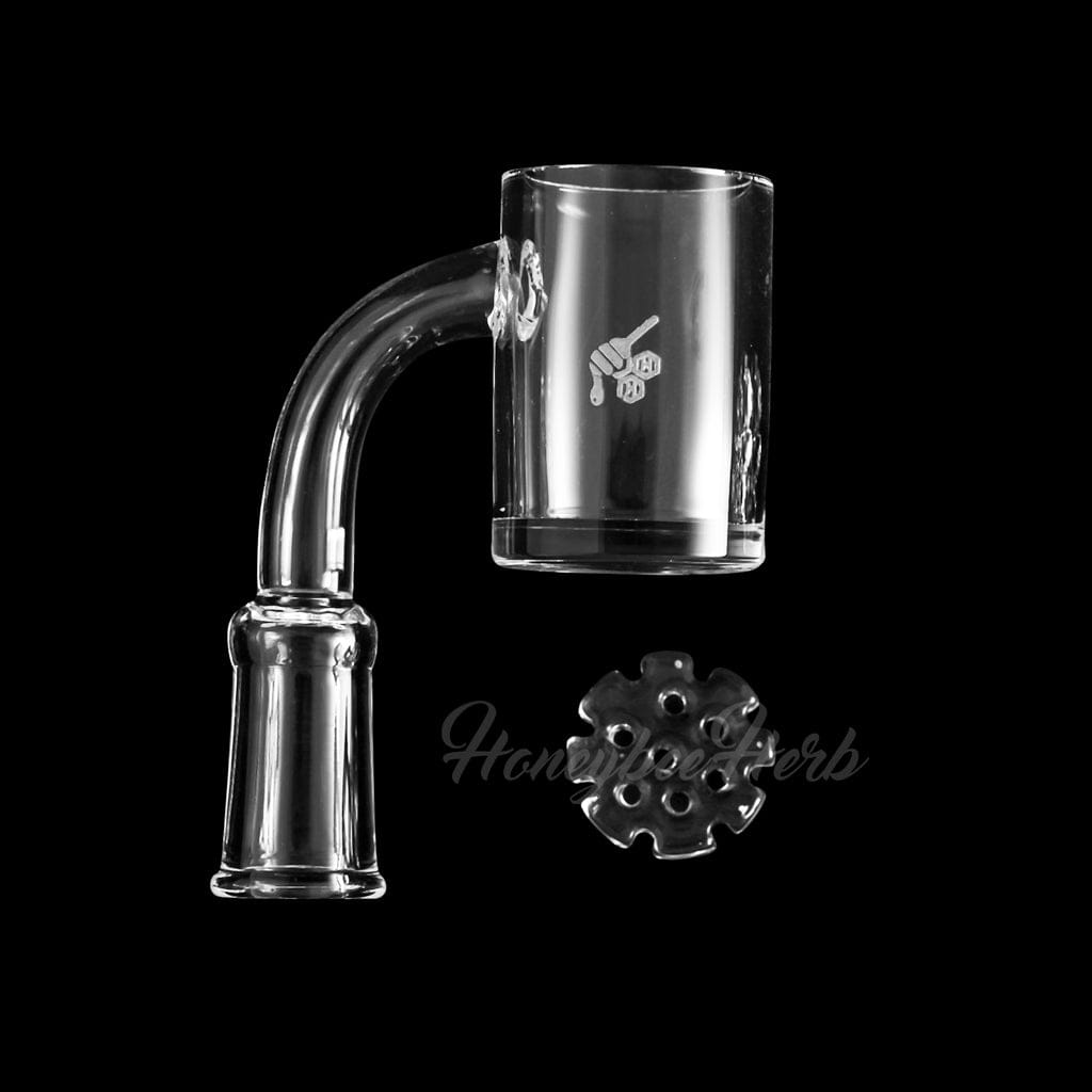A close-up, angled view of the HONEY DISC QUARTZ BANGER - 90° DEGREE, showcasing its clear quartz construction and angled design.