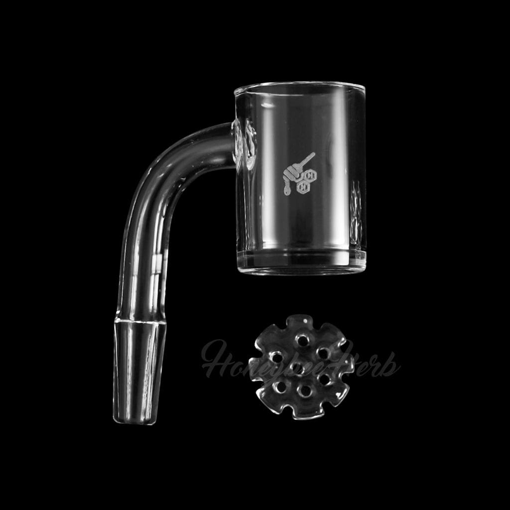 A studio shot of the HONEY DISC QUARTZ BANGER - 90° DEGREE, showcasing its angled, clear quartz construction against a black backdrop.