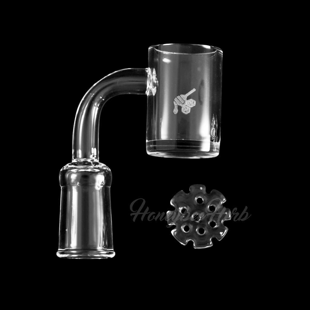 A close-up, angled view of the HONEY DISC QUARTZ BANGER - 90° DEGREE, showcasing its clear quartz construction and right-angle design.