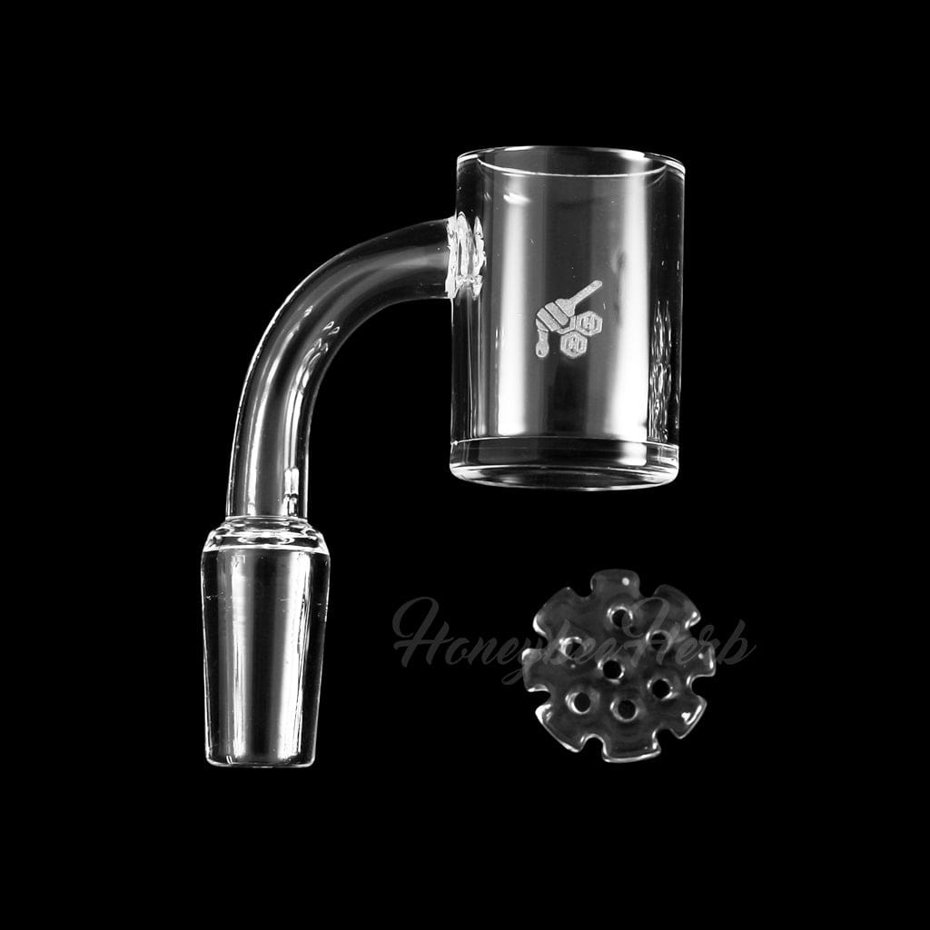 A close-up, angled view of the HONEY DISC QUARTZ BANGER - 90° DEGREE, showcasing its clear quartz construction and 90-degree angle.