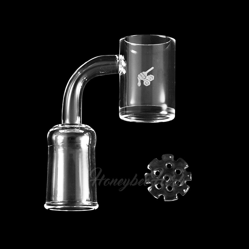 A studio shot of the HONEY DISC QUARTZ BANGER - 90° DEGREE, displaying its angled quartz cup and clean, minimalist design.