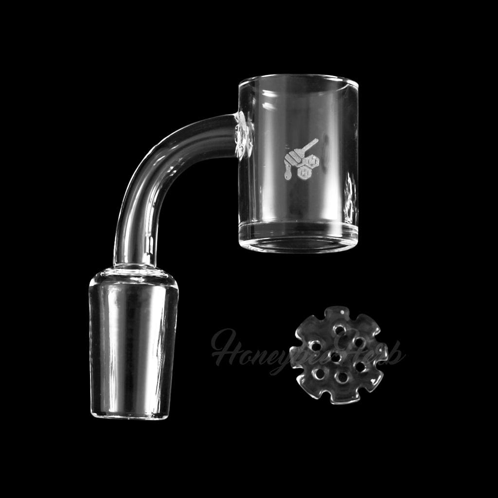 A 90-degree angled view of the HONEY DISC QUARTZ BANGER, displaying its clear quartz construction and shallow dish.