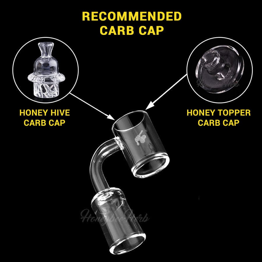 A close-up, angled view of the HONEY DISC QUARTZ BANGER - 90° DEGREE, displaying its clear quartz construction and angled design.