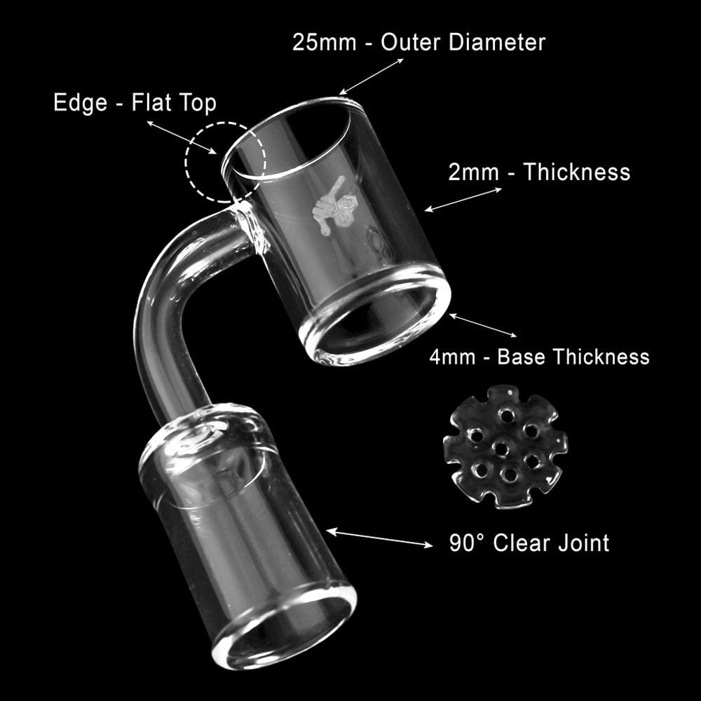 A close-up, angled view of the HONEY DISC QUARTZ BANGER - 90° DEGREE  YL, showing its clear quartz construction and 90-degree joint.