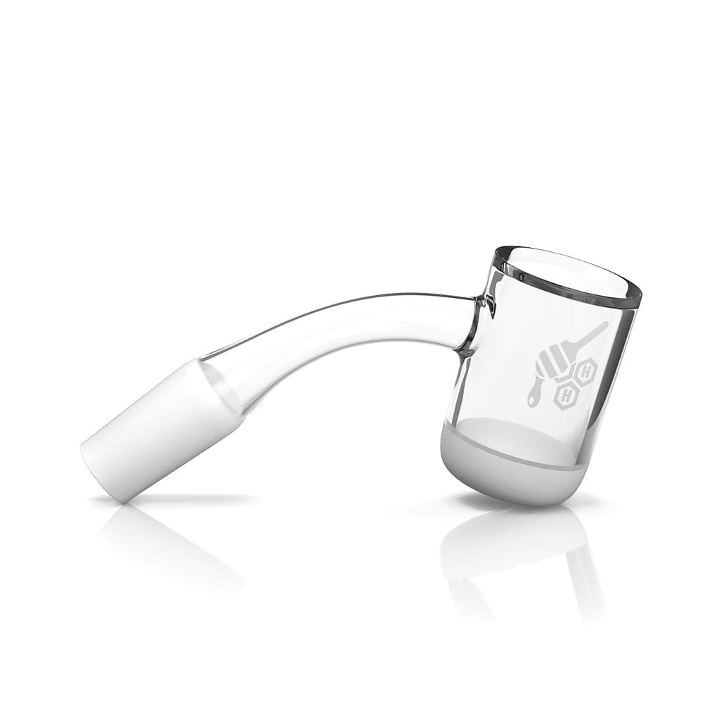 A 45-degree angled view of the HONEY & MILK BEVEL BOWL QUARTZ BANGER, showcasing its clear quartz construction and reflective surface.