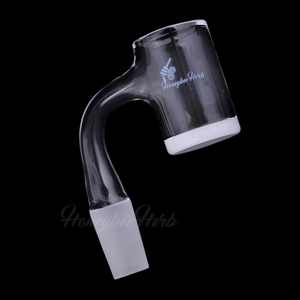 Angled close-up of a clear Honey & Milk Bevel Quartz Banger- 90Â° Degree | Bl with a white beveled rim and frosted joint against a black background