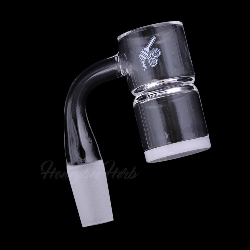 Angled close-up of the HONEY & MILK BEVEL SPLASH BUCKET QUARTZ BANGER - 90Â° DEGREE | YL showing its 90-degree curved neck, frosted joint, and clear quartz bucket against a black background
