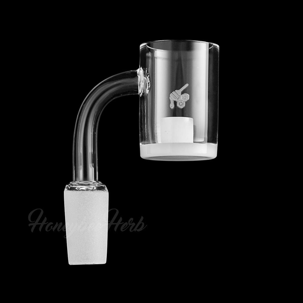 A close-up, angled view of the HONEY & MILK CORE REACTOR QUARTZ BANGER, displaying its 90-degree design and clear quartz construction.
