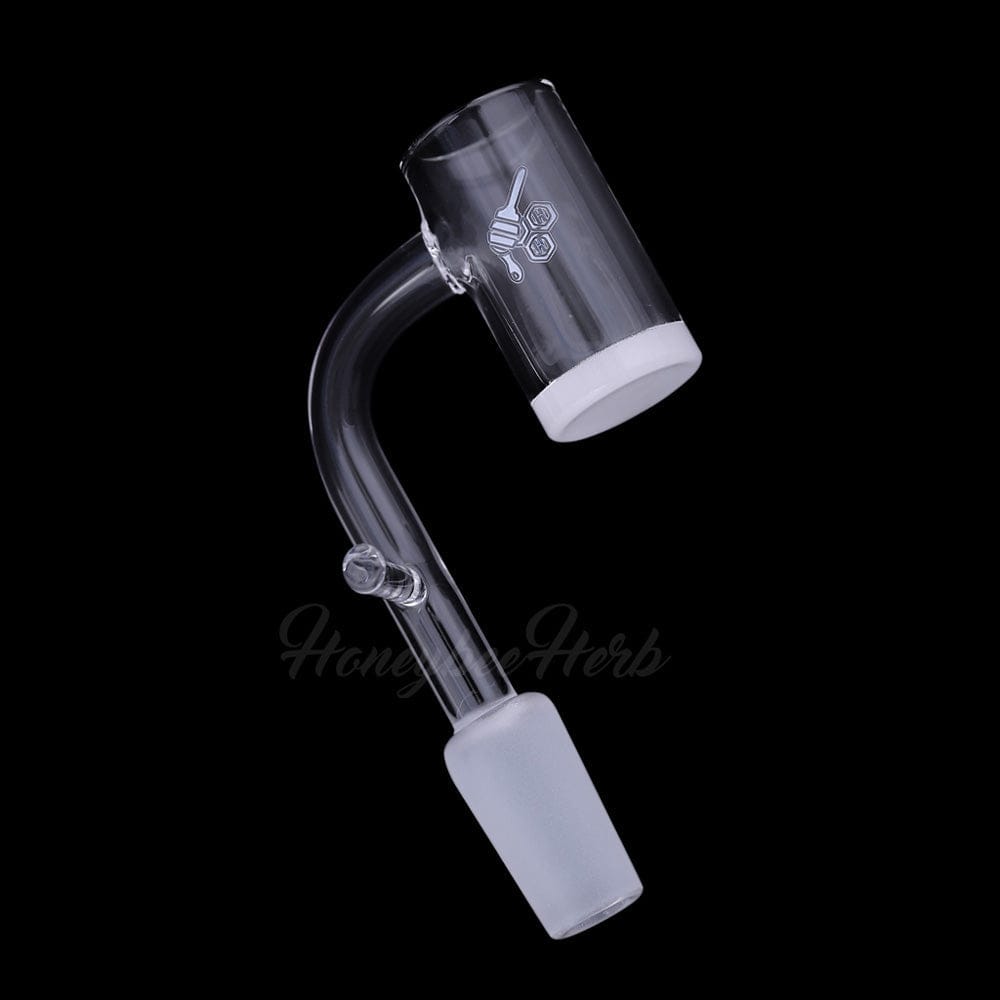 Angled close-up of the HONEY & MILK ENAIL QUARTZ BANGER - 90Â° DEGREE | YL showing a clear 90-degree quartz joint with frosted male connector against a black background