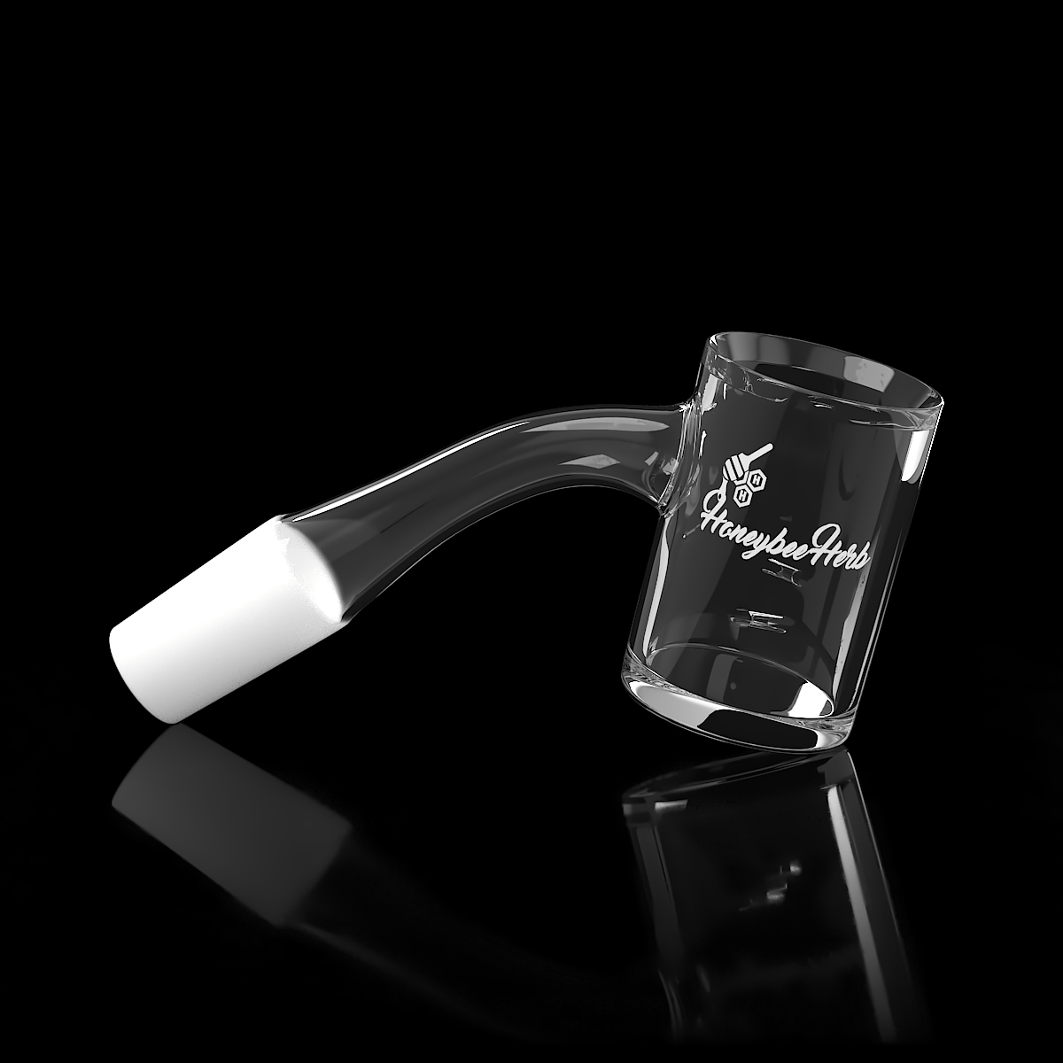 A 45-degree angle view of the Whirlwind Quartz Banger, displaying its clear glass construction and reflective surface on a dark background.