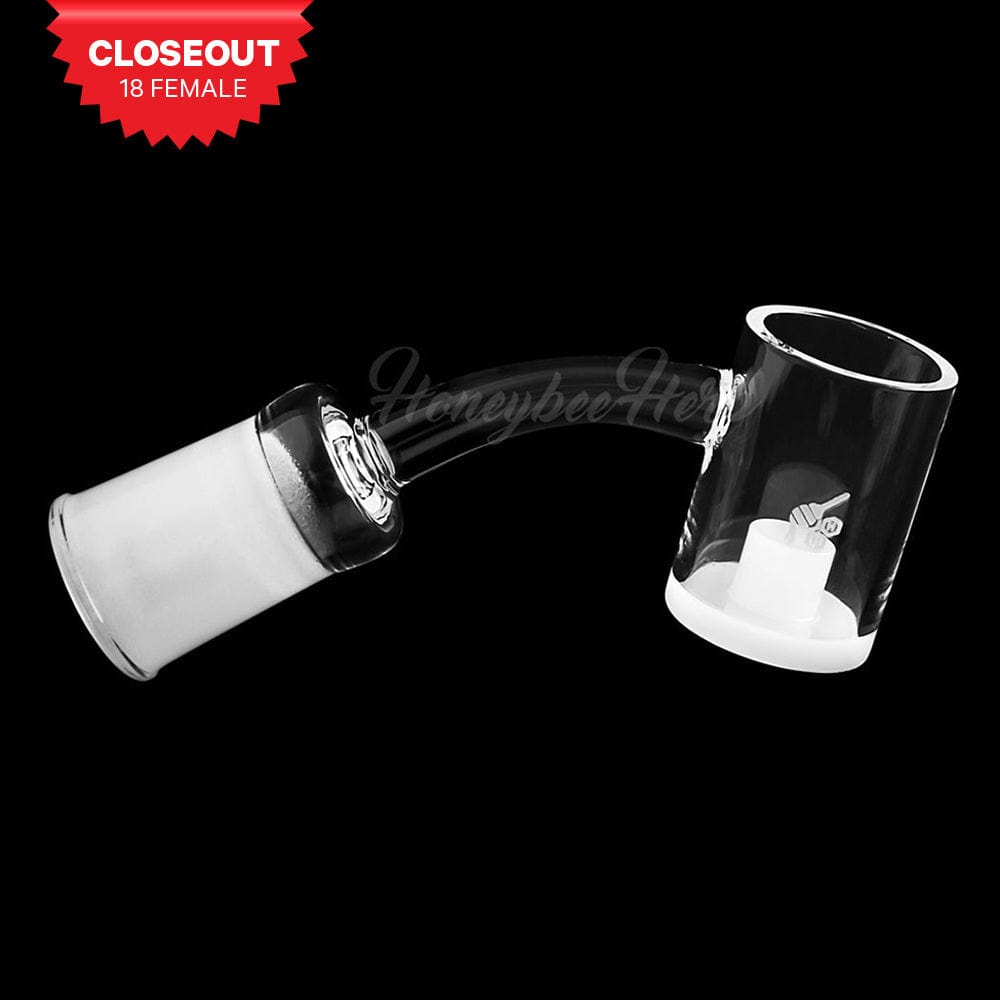 Angled close-up of the HONEY & MILK CORE REACTOR QUARTZ BANGER - 45Â° DEGREE | YL showing its clear bent neck and cylindrical quartz bucket against a black background