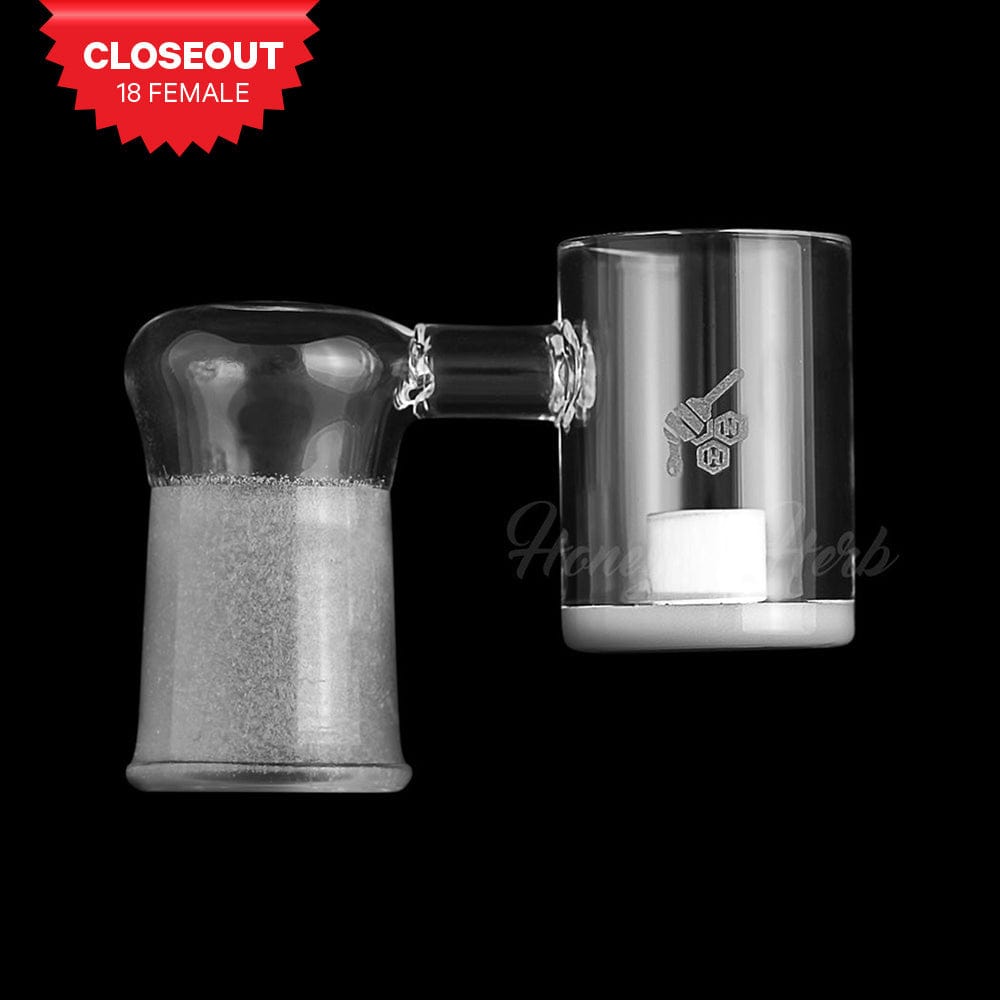 A close-up, angled view of the HONEY & MILK CORE REACTOR SIDECAR QUARTZ BANGER, showcasing its clear glass construction and 90-degree angle.