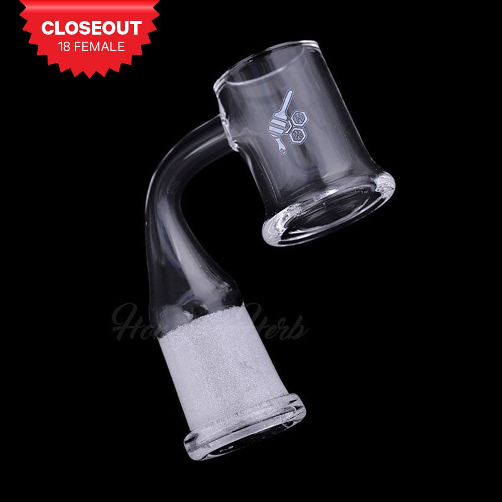 A close-up, angled view of the HONEY MUG QUARTZ BANGER - 90° DEGREE, showing its clear quartz construction and 90-degree bend.
