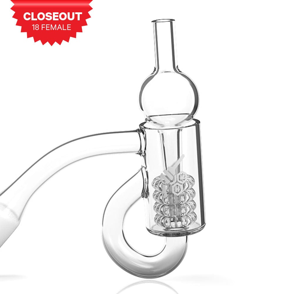 A close-up view of the HONEY RECYCLER QUARTZ BANGER - 45° DEGREE, displaying its intricate quartz recycler design in clear glass.