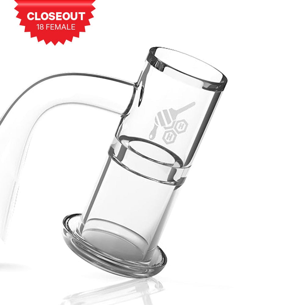 Angled close-up of the clear Honeysuckle Xl Quartz Banger - 90Â° Degree | Yl showing its cylindrical bucket, flared base and curved 90° stem against a white background