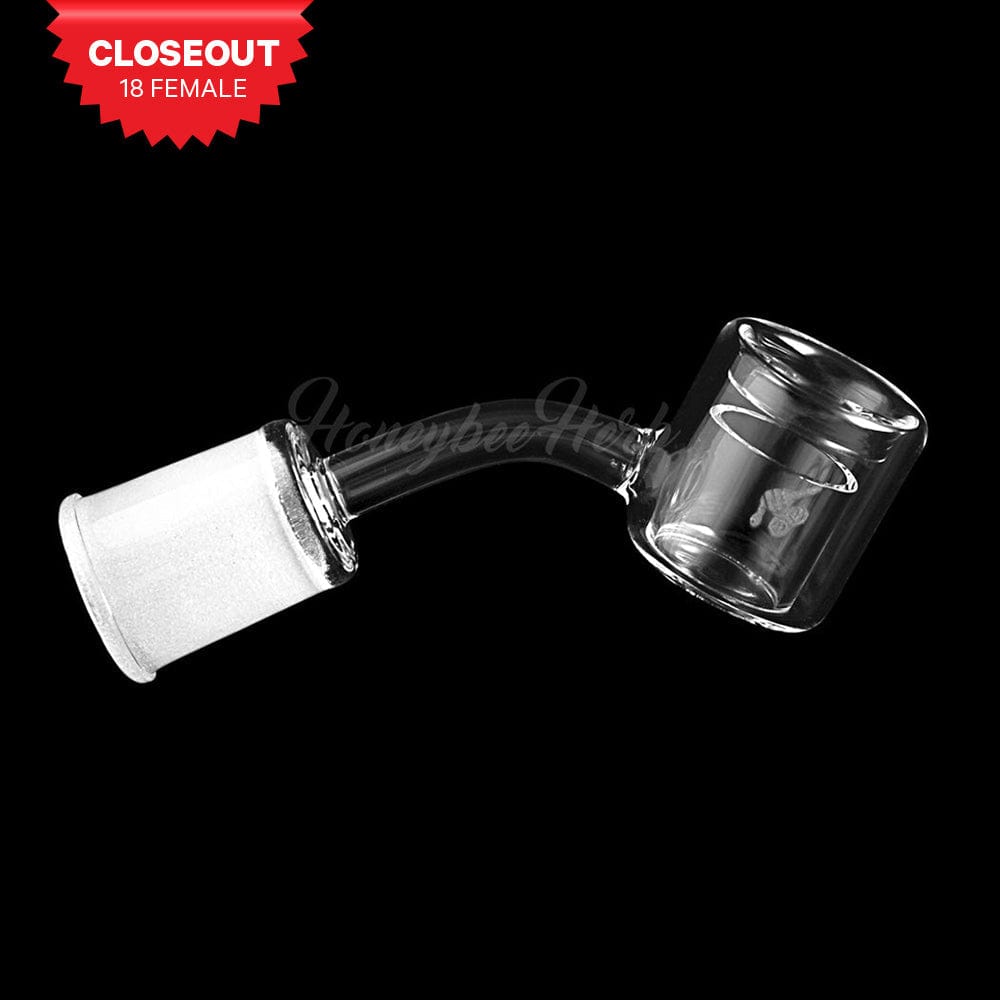 A close-up, angled view of the THERMAL QUARTZ BANGER - 45° DEGREE  YL, showcasing its clear quartz construction and 45-degree angle.