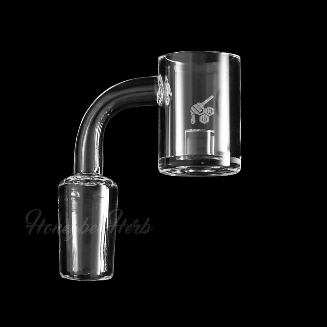 A close-up, angled view of the YL CORE REACTOR QUARTZ BANGER, showing its 90-degree design and clear quartz material.