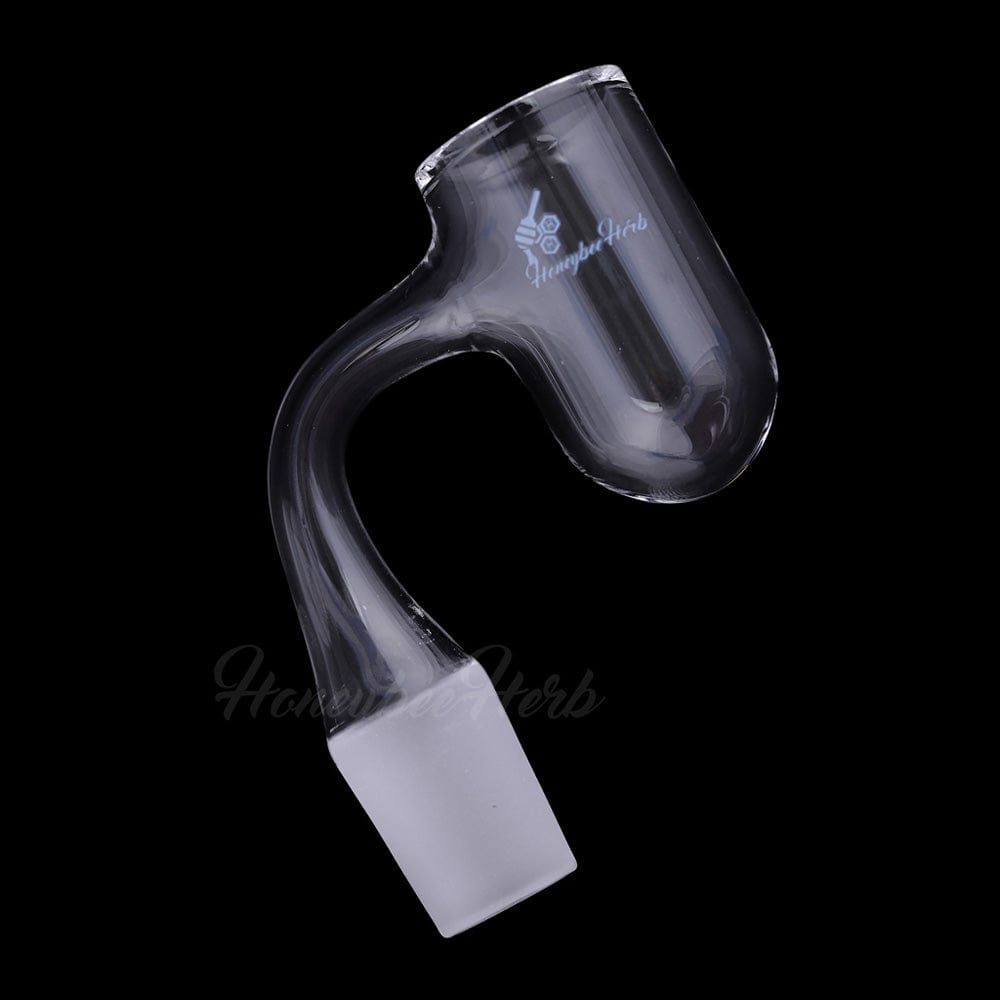 Angled close-up of the Honey Bevel Deep Bowl Quartz Banger - 90Â° Degree | Bl showing its curved clear quartz neck and frosted joint against a black background