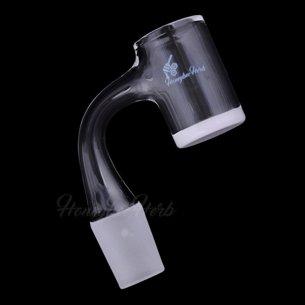 Angled close-up of the Honey & Milk Bevel Quartz Banger- 90Â° Degree | Bl showing its curved 90° neck, frosted joint, and white-rimmed bucket against a black background