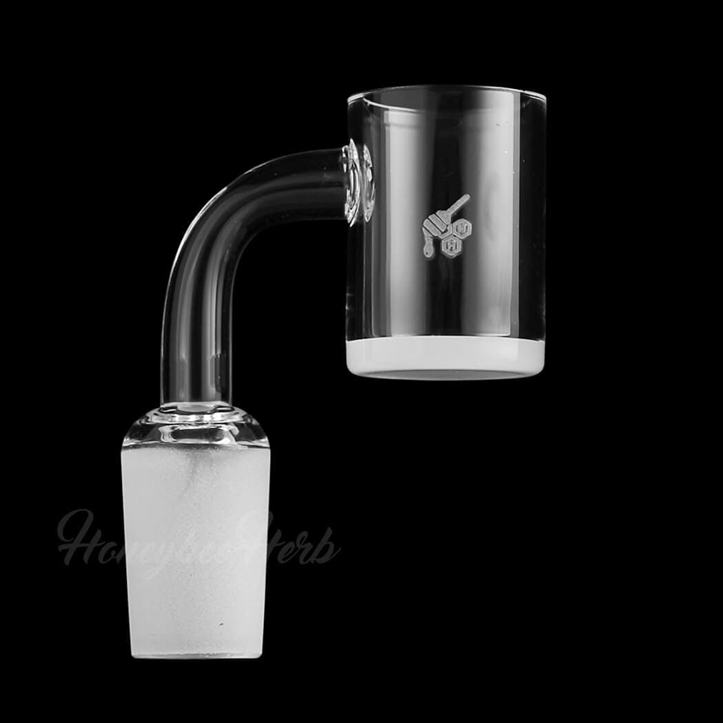 A close-up, angled view of the Honey & Milk Quartz Banger - 90° Degree, showcasing its clear quartz construction.