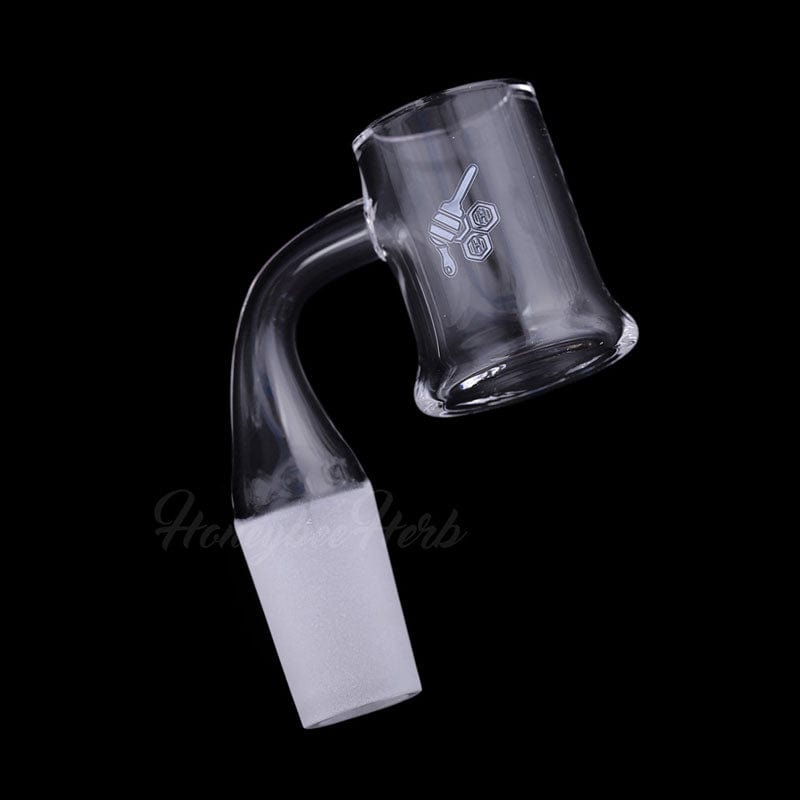 A three-quarter view of the HONEY MUG QUARTZ BANGER - 90° DEGREE, showcasing its angled design and clear quartz material.