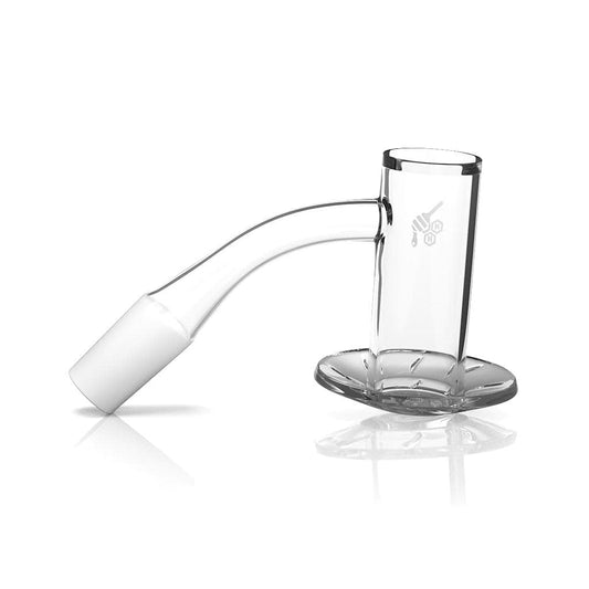 A 45-degree angle view of the BEEHIVE QUARTZ BANGER, showing its clear quartz construction and circular base on a reflective surface.