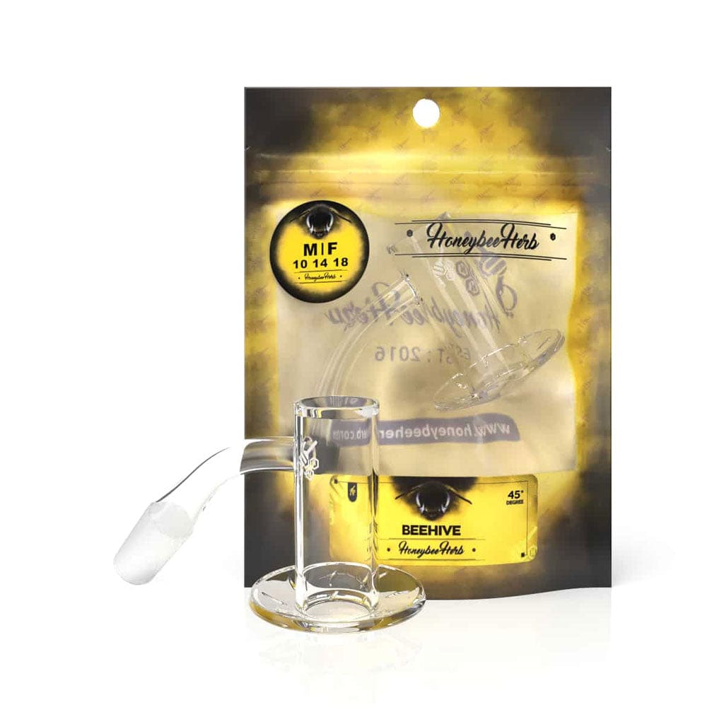 A 45-degree angled view of the BEEHIVE QUARTZ BANGER, showcasing its clear quartz construction against a dark background.