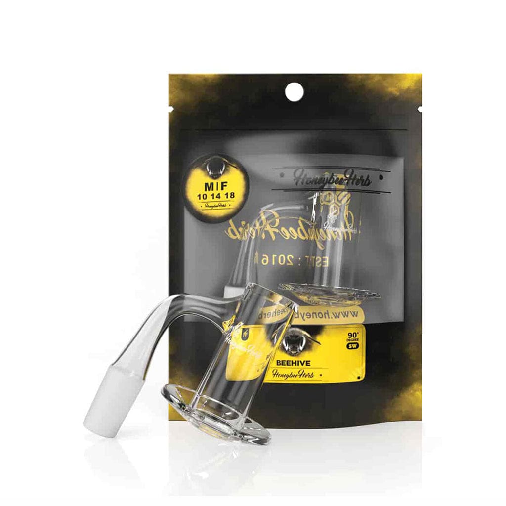 Angled front view of the Honeybee Herb Beehive Quartz Banger - 90Â° Degree | Bl resting against its black and yellow branded pouch, shown on a white background.