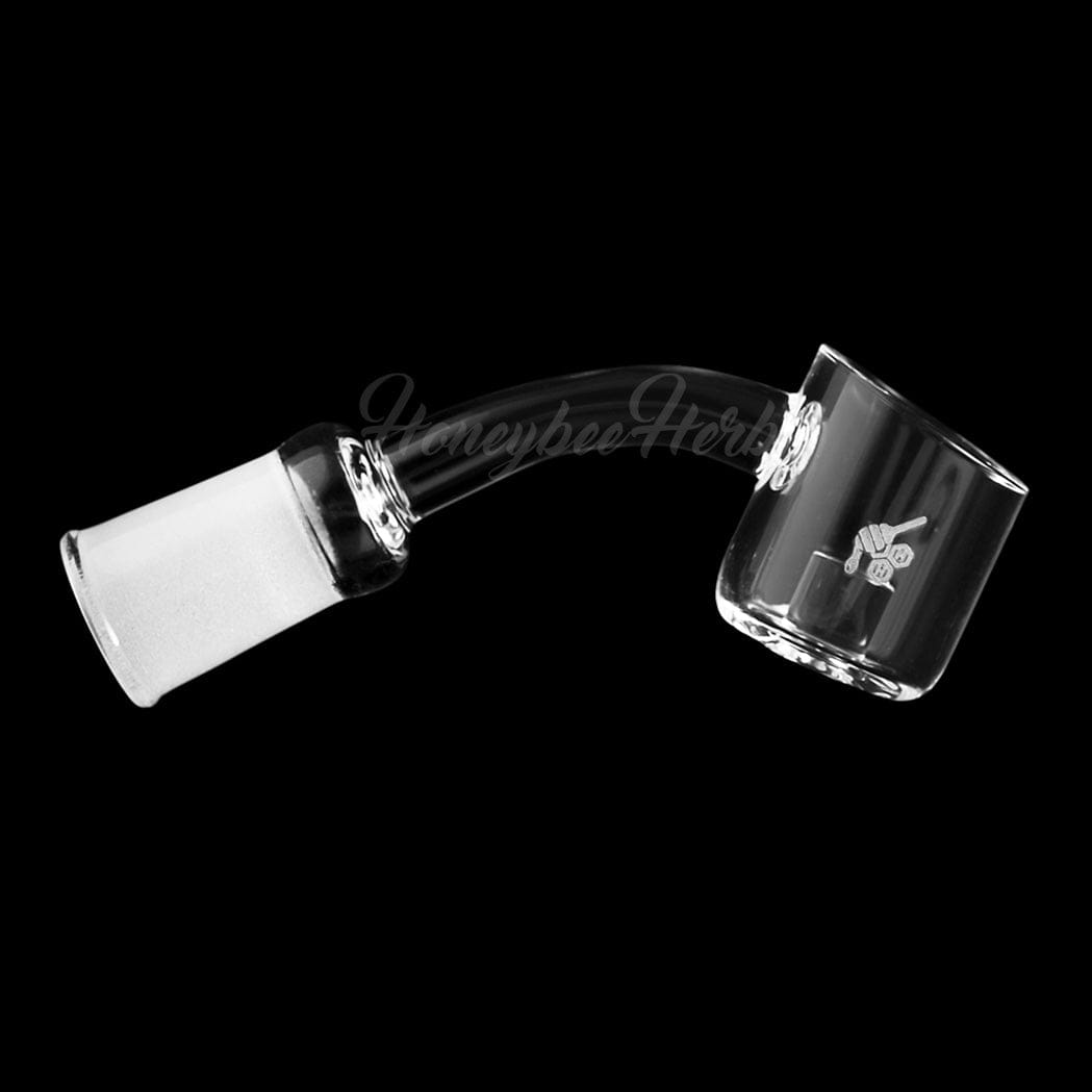 A 45-degree angled view of the YL CORE REACTOR QUARTZ BANGER, showing its clear quartz construction and rounded shape.