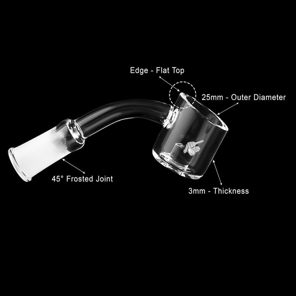 A close-up, angled view of the CORE REACTOR QUARTZ BANGER - 45° DEGREE  YL, displaying its joint and transparent quartz construction.