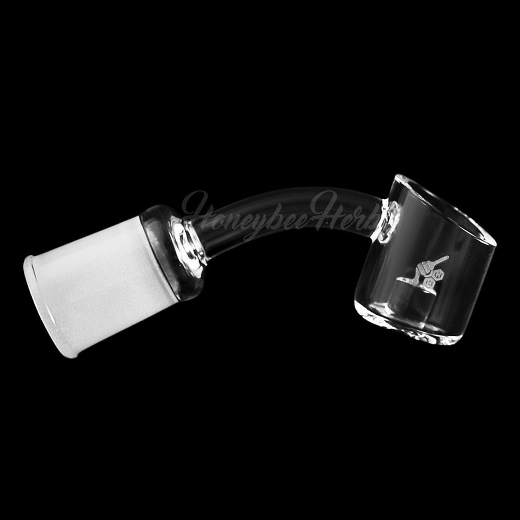 A 45-degree angled view of the CORE REACTOR QUARTZ BANGER, showcasing its clear quartz construction and rounded shape.