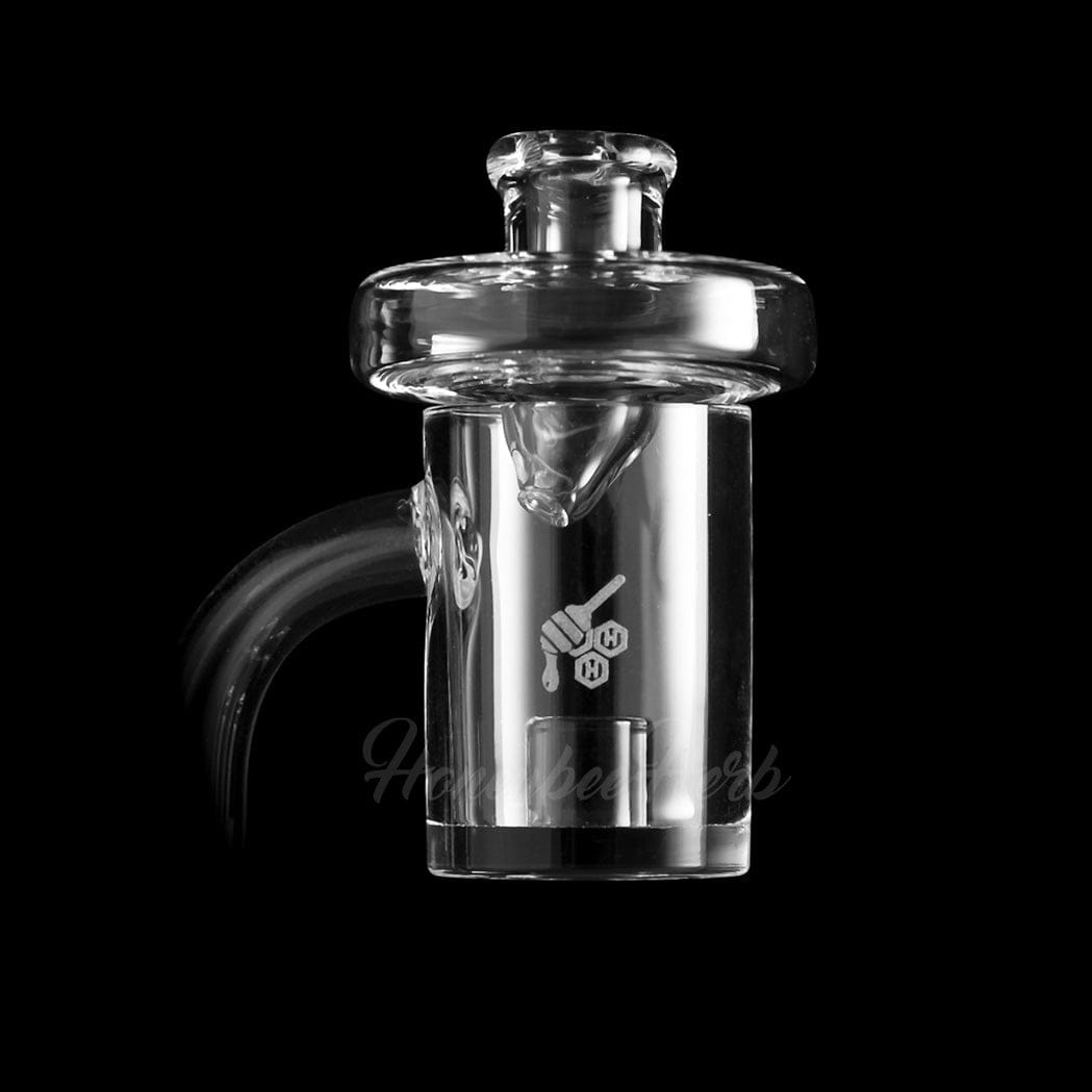 A studio shot displays the CORE REACTOR QUARTZ BANGER - 90° DEGREE, showcasing its angled design and clear quartz construction.