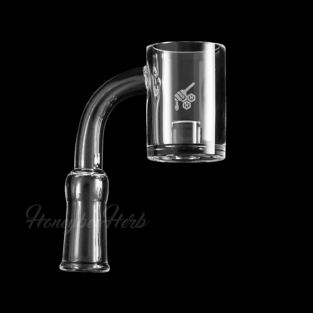 A studio shot of the YL CORE REACTOR QUARTZ BANGER - 90° DEGREE, angled to display its clear quartz construction and 90-degree bend.