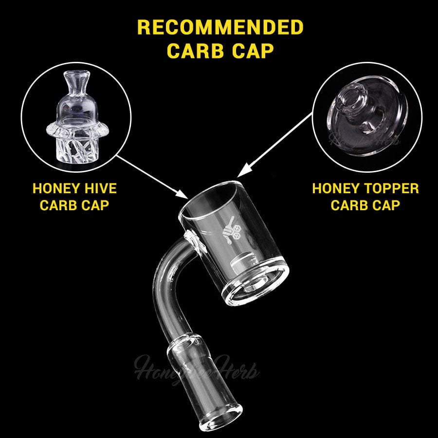 A close-up, angled view of the YL CORE REACTOR Quartz Banger with a 90-degree angle, showcasing its clear quartz construction.