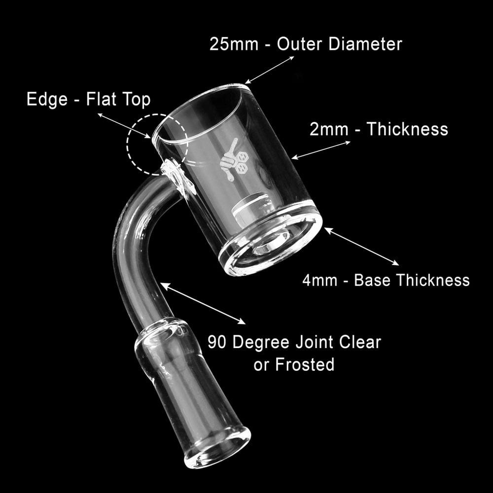 A close-up, angled view of the CORE REACTOR QUARTZ BANGER - 90° DEGREE, showcasing its clear quartz construction and 90-degree joint.