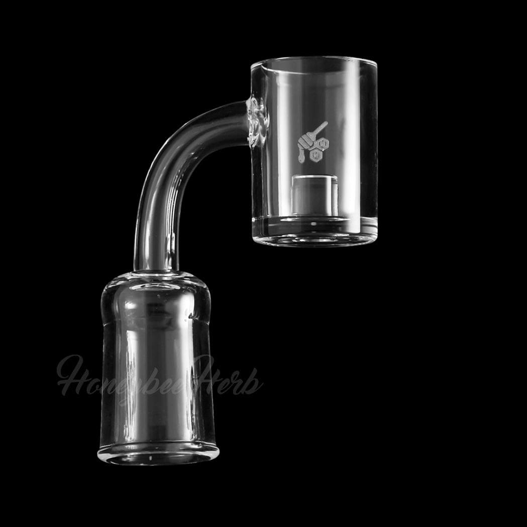 A close-up, angled view of the YL CORE REACTOR QUARTZ BANGER, showcasing its 90-degree design and clear quartz construction.
