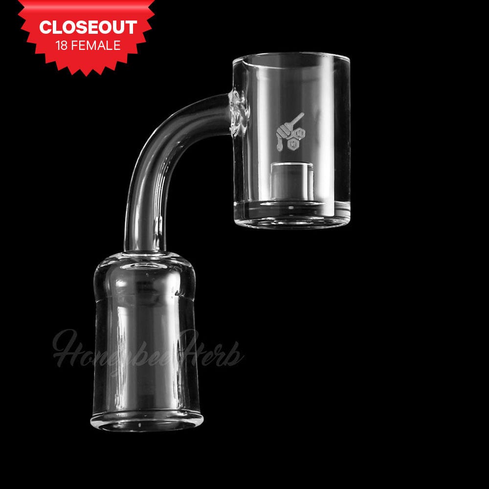 A close-up, angled view of the CORE REACTOR QUARTZ BANGER - 90° DEGREE, showcasing its clear quartz construction and 90-degree angle.